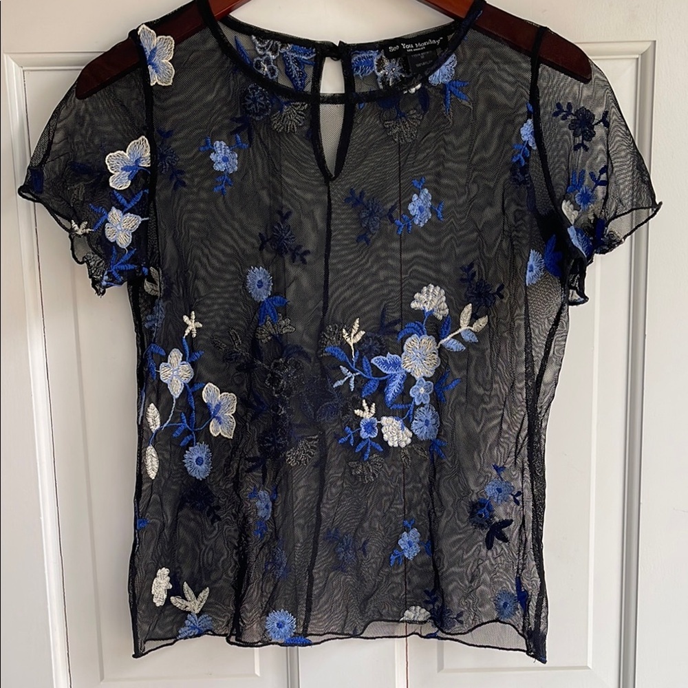 Floral Embroidered Sheer Black Top White Lotus see through beachy bathing suit